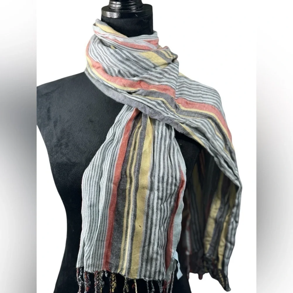 Kate Landry Striped Scarf Multicolor Yellow Red Gray Fringe Viscose 28x70